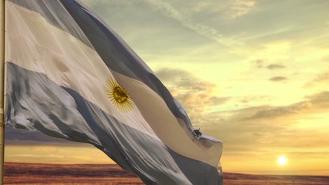 Flag of Argentina in the Wind against Sunset. 
