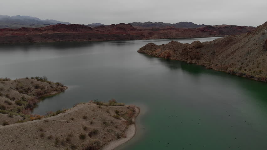 Aerial Drone Of Lake Havasu With Mountain Relfections During The Day
