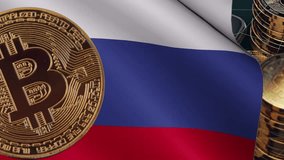 Bitcoin with Russian Federation flag as symbol digital Russia era. Video on cryptocurrency, well suited for the presentation