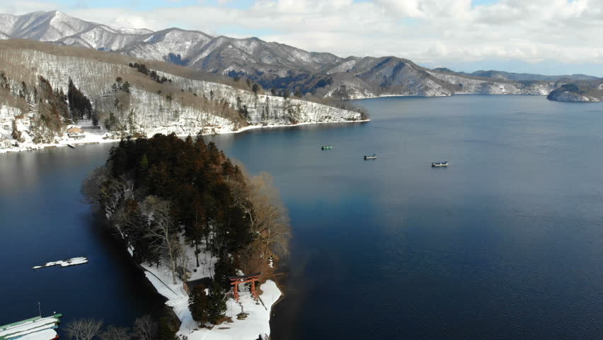 Aerial view of Nojiri lake and bentenjima shrine in lake, Nagano, Japan