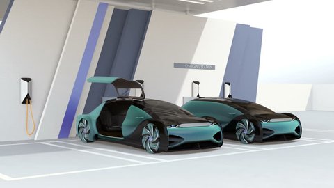 Two electric cars parking in charging station. 3D rendering animation.