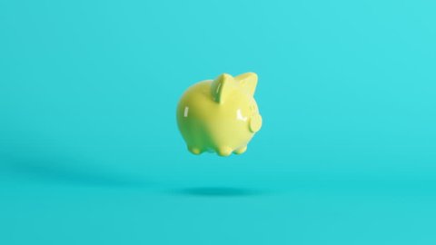 Outstanding yellow pig floating on blue background. 3D Animation.