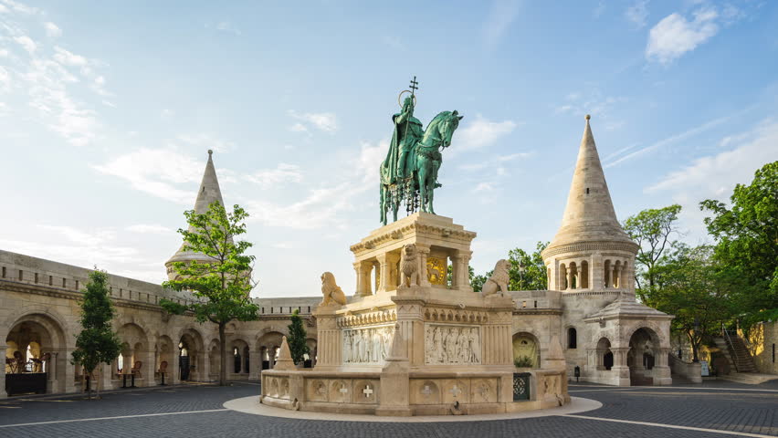 Statue of Stephen I landmark in Budapest city, Hungary time lapse