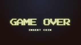 A videogame ending screen, saying Game over -  Insert coin. 8-bit retro style. Treated as it's from an old VHS cassette tape. - Powered by Shutterstock - Get 15% off with code: PIKWIZARD15