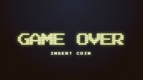 A videogame ending screen, saying Game over -  Insert coin. 8-bit retro style. Treated as it's from an old VHS cassette tape.