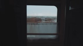 concept train journey travel. view beautiful from the window of a moving train railway trip Russia winter. lifestyle slow motion video. interior inside train