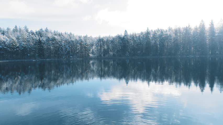 Wooden bridge at forest wild natural lake, snowy winter morning, smooth motion