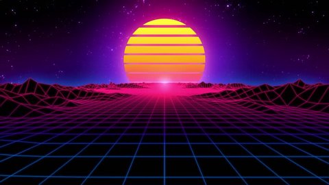 Camera drifts toward an 80s retro sunset over a tech grid with a twinkling star field background and low-poly mountain ranges. 30-second seamless loop.