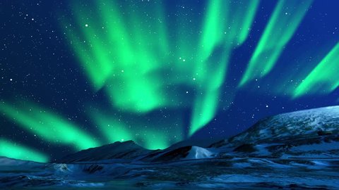 Beautiful Northern Lights Animation. Green Lights Aurora Borealis in Norway, Canada, Finland, Iceland and Sweden.
Polar weather and blue starry sky on a cold night. Fantastic motion Background in 4k.