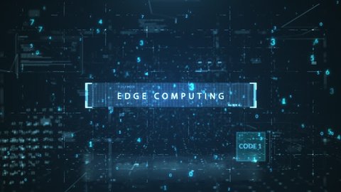 The animated inscription "EDGE COMPUTING" writing on digital background. Futuristic information technology concept. Digitalization of Information Flow Moving Through IT digital background.