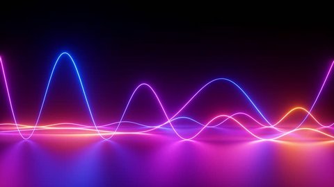 glowing neon lines, abstract background, equalizer, signal chart, ultraviolet spectrum, laser show, impulse power, energy, chaotic waves, looped animation