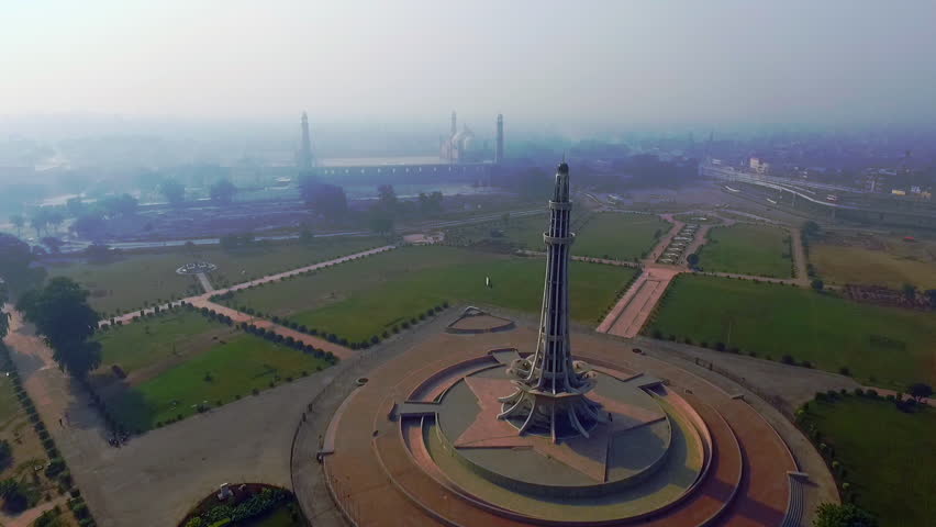 Aerial viewover the Minar-e-Pakistan to the Mughal`s Famous Badshahi Mosque, A national monument located in Lahore, Pakistan