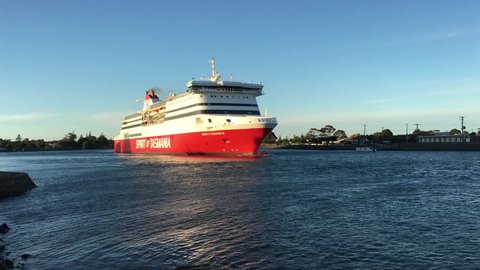 DEVONPORT, TAS - MAR 30 2019:MS Spirit of Tasmania I enter Port of Devonport Tasmania.It's a super fast ropax ferry operated on the route between Melbourne and Devonport Tasmania.