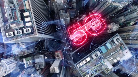AERIAL. 5G network digital hologram on city background.5G network wireless systems.
