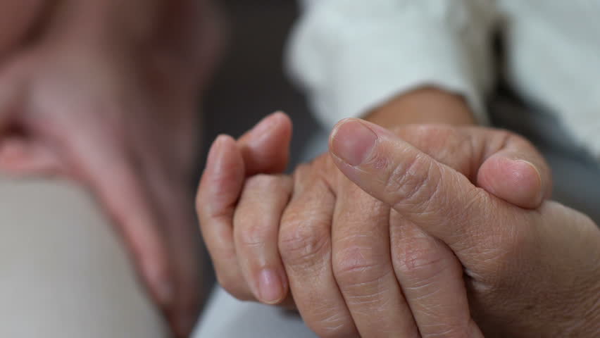 Young woman stroking hands of pensioner, caring for old parents, compassion | Shutterstock HD Video #1026836582