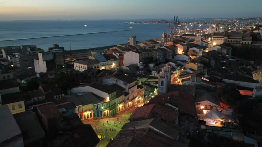 Aerial view of cityscape of Salvador at evening, historic center (Pelourinho) of capital city of state Bahia - landscape panorama of Brazil from above, South America Royalty-Free Stock Footage #1026842015