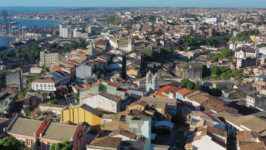 Aerial view of cityscape of Salvador, historic city center (Pelourinho) of capital city of state Bahia - landscape panorama of Brazil from above, South America Royalty-Free Stock Footage #1026843134