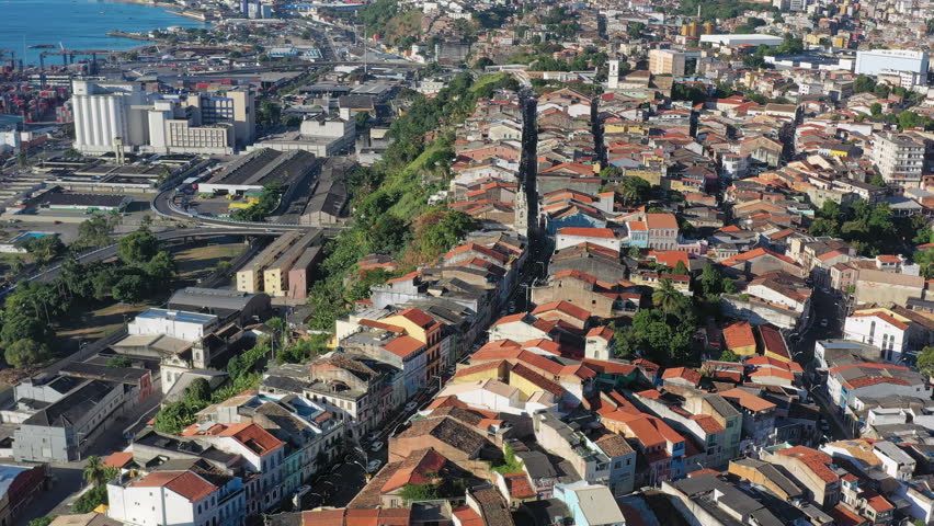 Aerial view of cityscape of Salvador, historic city center (Pelourinho) of capital city of state Bahia - landscape panorama of Brazil from above, South America