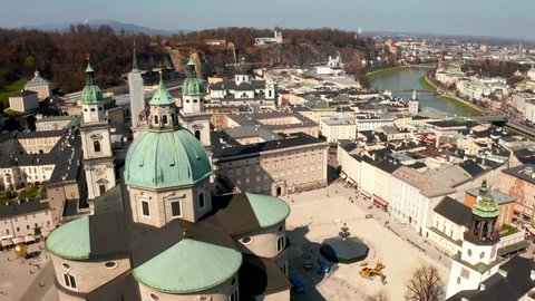 Aerial view of the Salzburg Cathedral or Salzburger Dom on a sunny spring day 