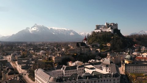 Beautiful aerial view of Salzburg skyline with Festung Hohensalzburg in Salzburg, Salzburger Land, Austria