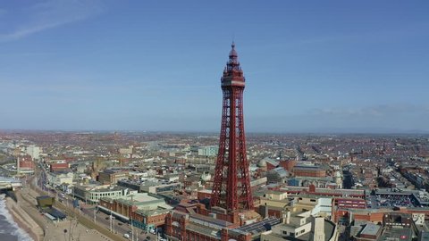 Stunning aerial view of Blackpool Tower by the award winning Blackpool beach, A very popular seaside tourist location in England , United Kingdom, UK