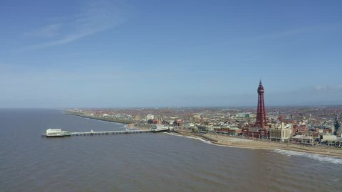 Stunning aerial view of Blackpool Tower  from the sea of the award winning Blackpool beach, A very popular seaside tourist location in England , United Kingdom, UK