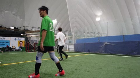 KIRKLAND, CANADA - APRIL 2019: Young Adults Playing Indoor Soccer