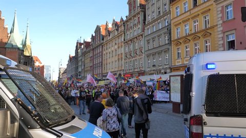 LGBTQ Gay Pride Parade Police cars Wroclaw Poland 6.10.2018 The March of Equality. 