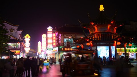 NANJING, CHINA - MAY 5, 2012 Time Lapse of Nanjing People Visit Shopping Street and Confucius Temple Night