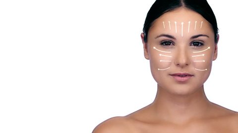 Skincare beauty facial theme with animation arrows. Beautiful young woman show cosmetics products for anti aging. Skin care is a routine daily procedure in many settings, such as dry skin.