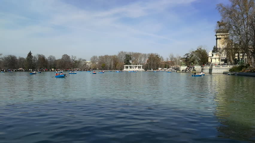 Lake of the Retiro Park ( Porque del Retiro )in Madrid with people paddling in boats 