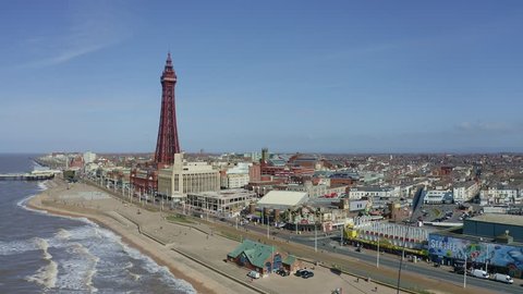 Blackpool, Lancashire - 25th March 2019  Stunning aerial view of Blackpool Tower  from the sea of the award winning Blackpool beach, A very popular seaside tourist location in England , United Kingdom