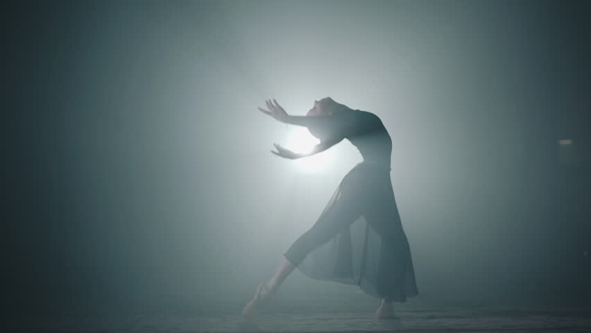 Graceful hard-working ballerina dancing in black dress in the studio in spotlight on a black background. Diligent ballet dancer performing dancing elements of classical ballet. Slow motion. Royalty-Free Stock Footage #1026881723