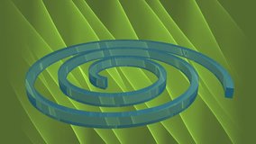 Abstract 3d video background with blue spiral moving on green abstract area. Blue spiral from transparent material. Ecology animation in green and blue.