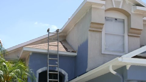 USA, Tampa / Florida - Jun 8 2019: Professional workers painting by paintbrush building wall in color outdoors. House painter men at work action at summer day.