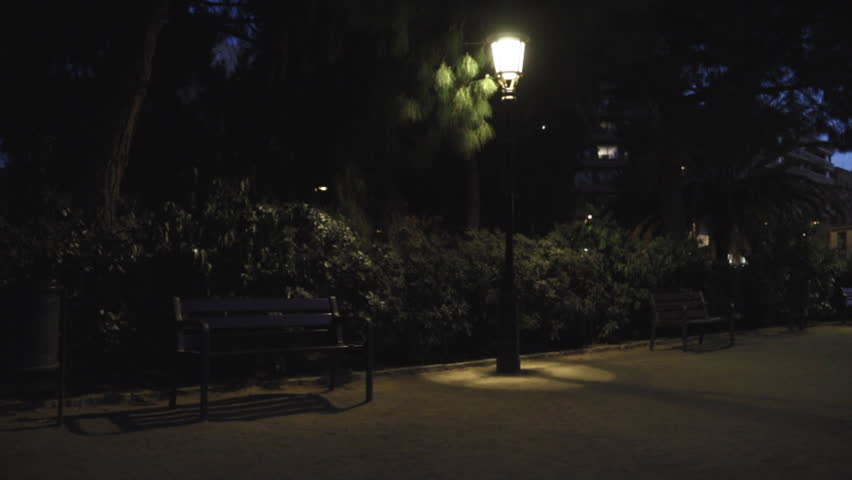 Empty bench in the park under a historic illuminated lamp at night.