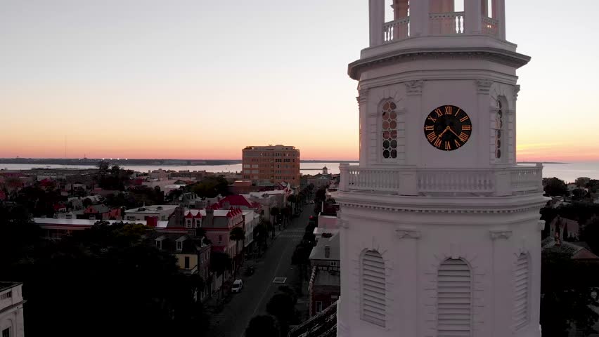 Aerial Panning View of Charleston Skyline and Harbor at Sunrise