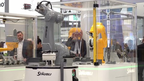 HANNOVER / GERMANY - APRIL 02 2019 : Staubli is presenting the newest generation of cobots - Collaborative robots - at the HANNOVER FAIR.