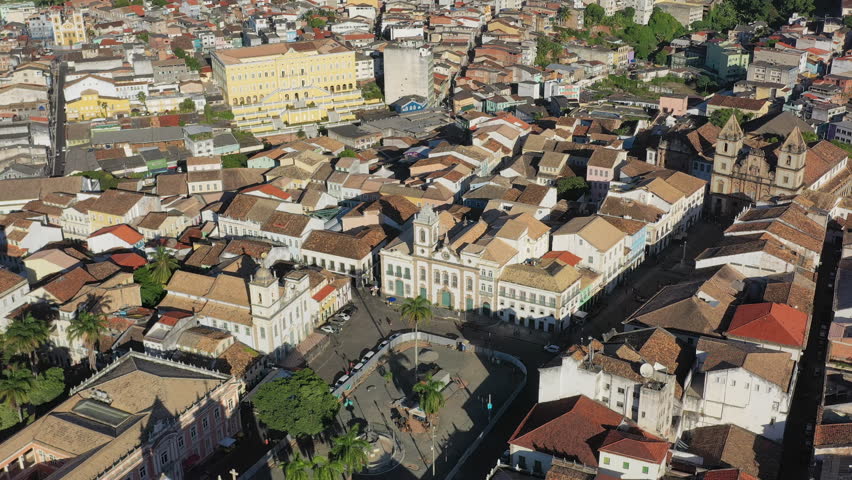 Aerial view of square Largo Terreiro de Jesus in Salvador (state Bahia), cityscape of historic city center (Pelourinho), Cathedral of Salvador - landscape panorama of Brazil from above, South America