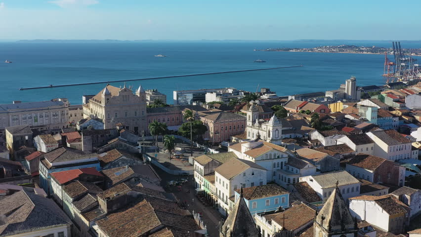 Aerial view of square Largo Terreiro de Jesus in Salvador (state Bahia), cityscape of historic city center (Pelourinho), Cathedral of Salvador - landscape panorama of Brazil from above, South America