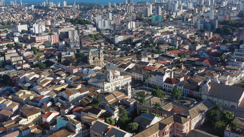 Aerial view of square Largo Terreiro de Jesus in Salvador (state Bahia), cityscape of historic city center (Pelourinho), Cathedral of Salvador - landscape panorama of Brazil from above, South America