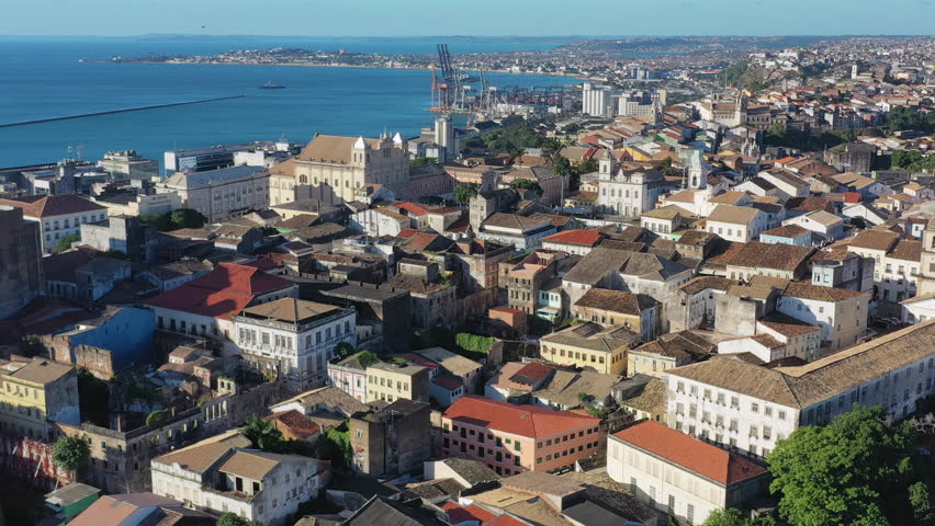 Aerial view of square Largo Terreiro de Jesus in Salvador (state Bahia), cityscape of historic city center (Pelourinho), Cathedral of Salvador - landscape panorama of Brazil from above, South America