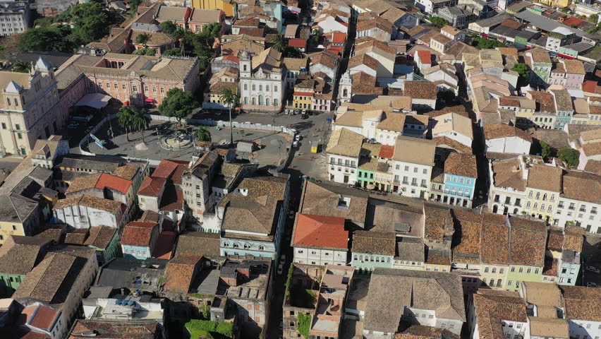 Aerial view of square Largo Terreiro de Jesus in Salvador (state Bahia), cityscape of historic city center (Pelourinho), Cathedral of Salvador - landscape panorama of Brazil from above, South America
