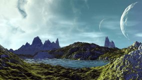 Alien Planet. Mountain and  water. Animation. Panorama. 4K