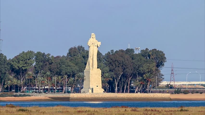 Discovery Faith Christopher Columbus Monument in main access to Punta del Sebo Beach in Huelva, Spain