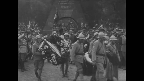 CIRCA 1919 - French and allied soldiers take part in a ceremony honoring the French Revolution.