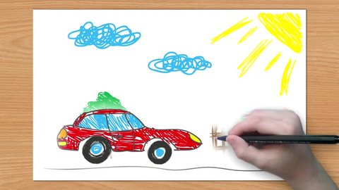 A boy draws a car
Children's hand draws a car on a country road. The picture comes to life. Children's creativity. Animation.