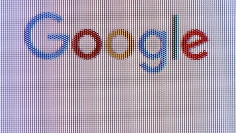 MOSCOW, RUSSIA- CIRCA April 2018: Close up of computer screen with Google search homepage. Macro view of internet web page with search engine logo