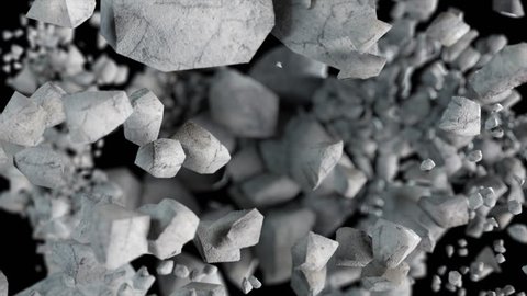 Explosion and destruction of the stone sphere in slow motion cg 3d animation on black isolated background with alpha matte