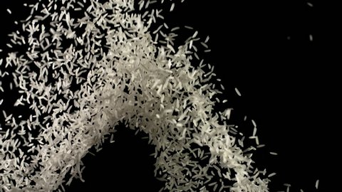 White basmati rice grains bouncing and falling down on black background. Pile of cereal long seeds flies after being exploded shot in slow motion